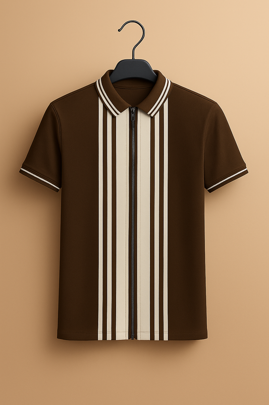 Brown Zipper Striped Polo Shirt