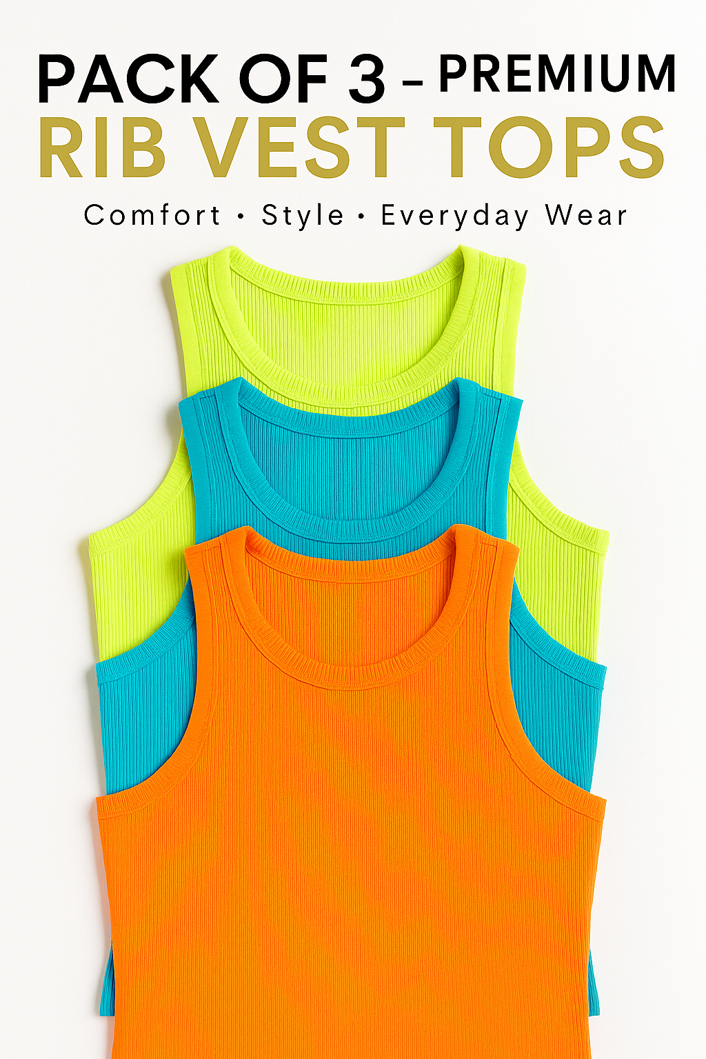 PACK OF 3 WOMENS LADIES PLUS SIZE PLAIN STRETCHY RIB VEST TOP T SHIRT RIB