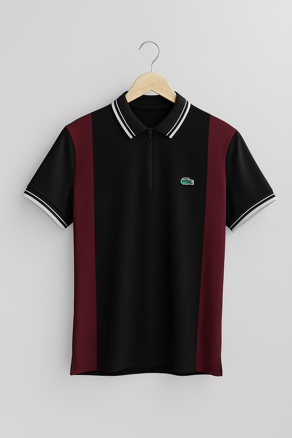 LACOSTE MEN’S PREMIUM POLO SHIRT – BLACK & MAROON STRIPED DESIGN