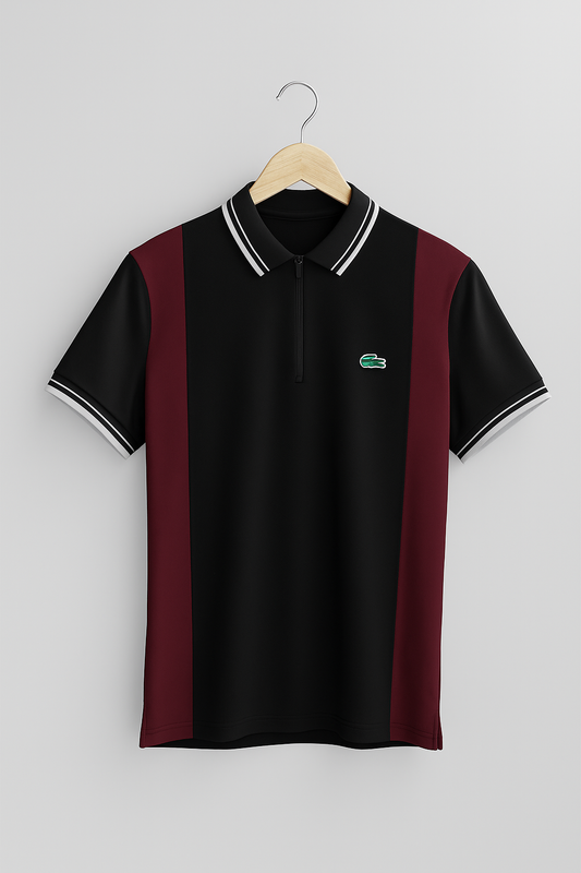 LACOSTE MEN’S PREMIUM POLO SHIRT – BLACK & MAROON STRIPED DESIGN