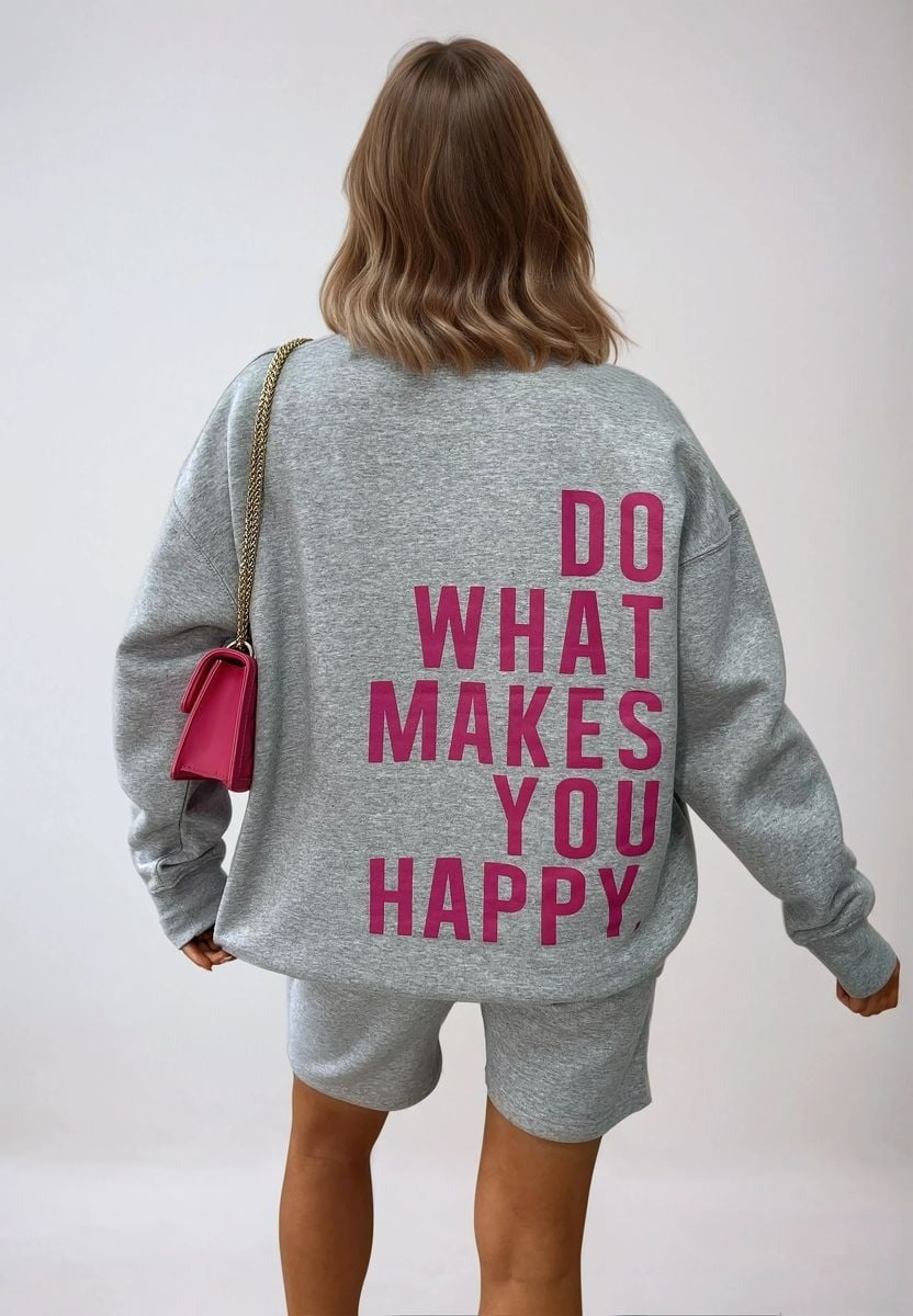 Grey Kiara Do What Makes You Happy Print Oversized Sweatshirt and Shorts Co-ord Set