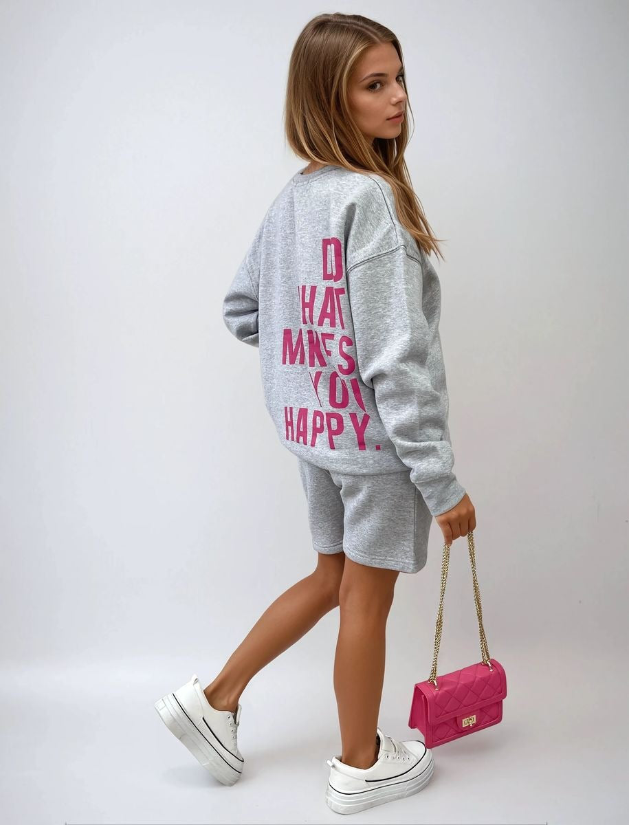 Grey Kiara Do What Makes You Happy Print Oversized Sweatshirt and Shorts Co-ord Set