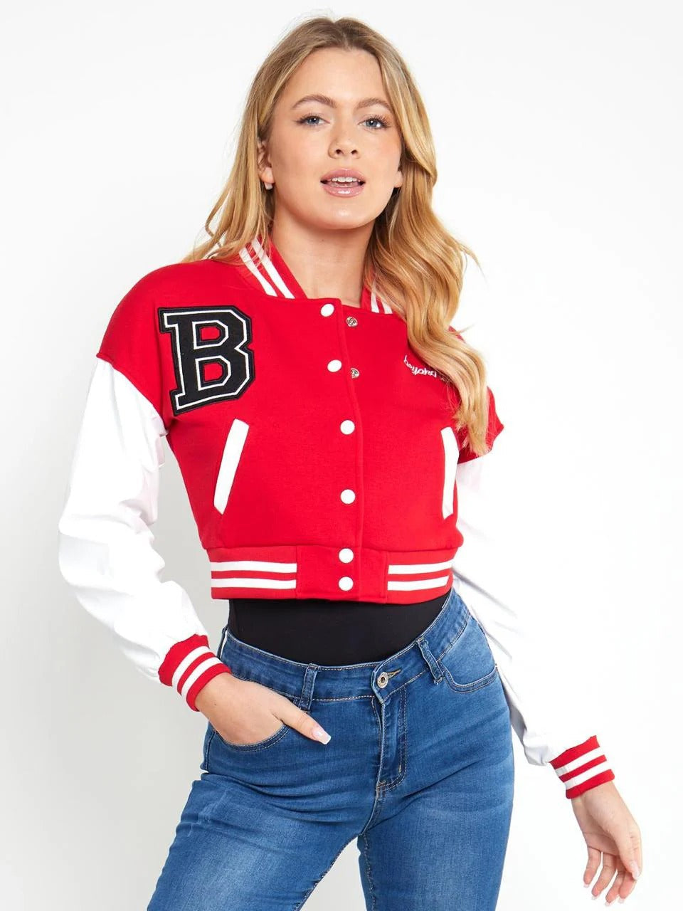 RED B SLOGAN CROPED VERSITY BASEBALL JACKET