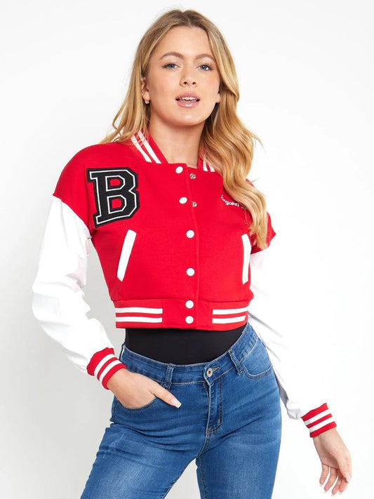 RED B SLOGAN CROPED VERSITY BASEBALL JACKET