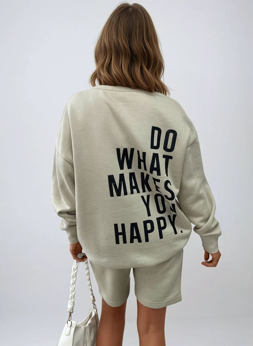 Sand Kiara Do What Makes You Happy Print Oversized Sweatshirt and Shorts Co-ord Set