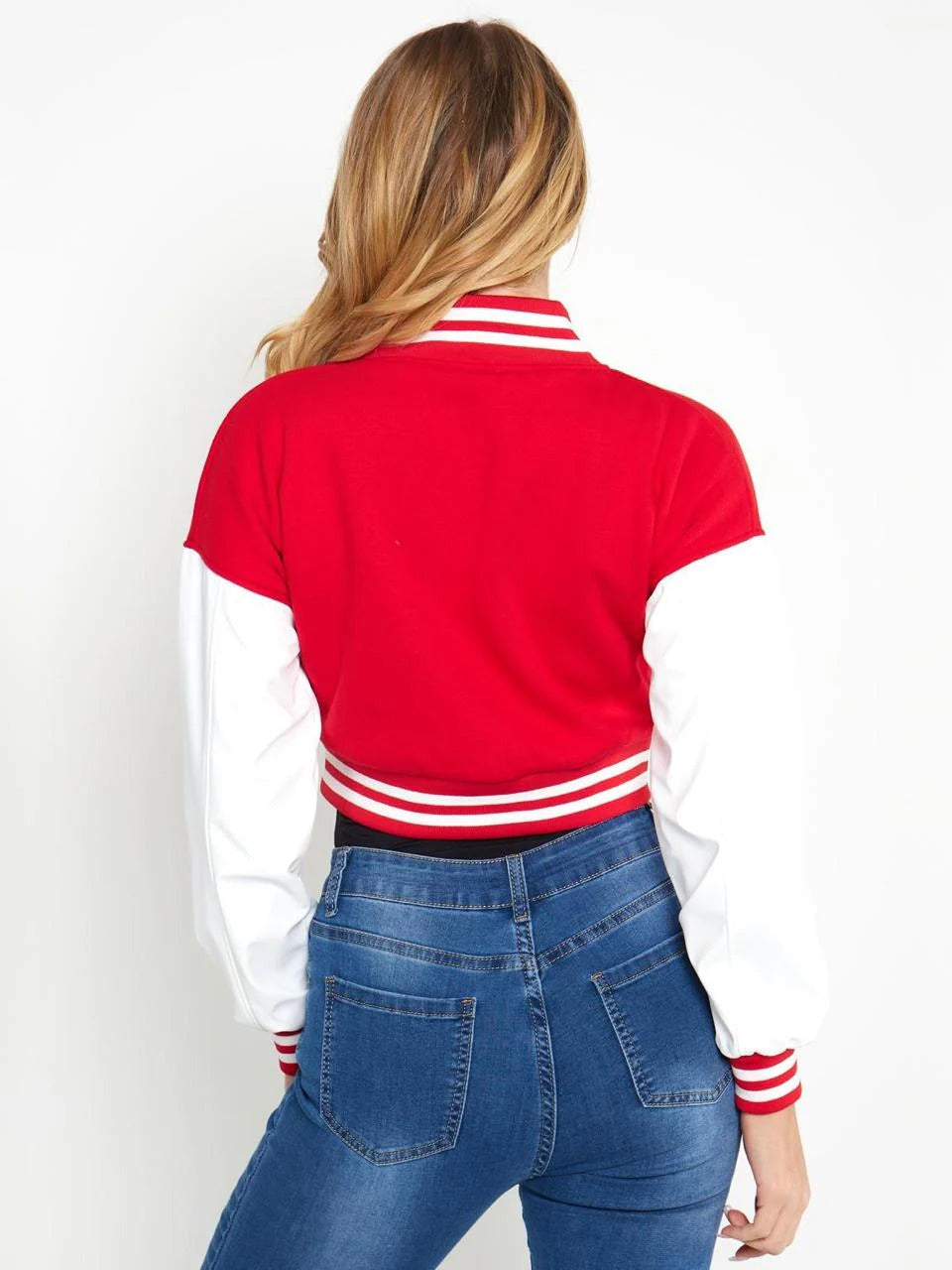 RED B SLOGAN CROPED VERSITY BASEBALL JACKET