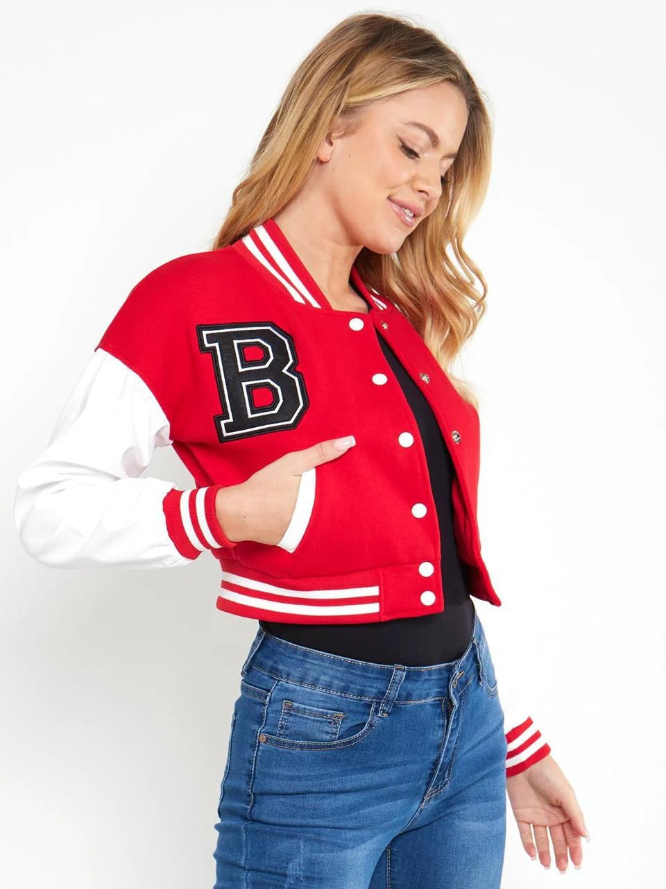 RED B SLOGAN CROPED VERSITY BASEBALL JACKET