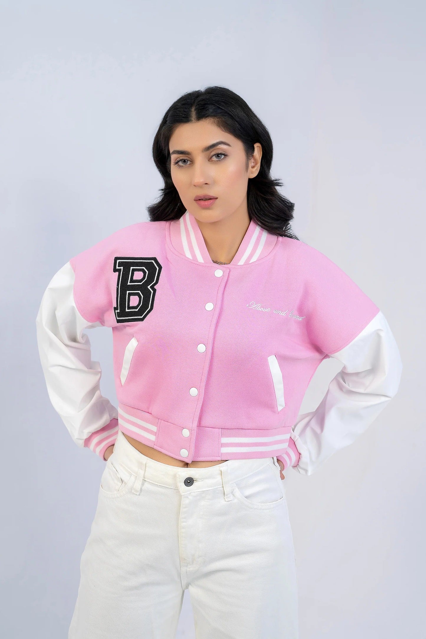 PINK B SLOGAN CROPED VERSITY BASEBALL JACKET