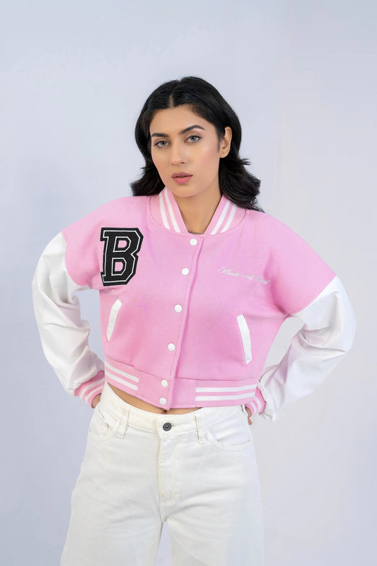 PINK B SLOGAN CROPED VERSITY BASEBALL JACKET