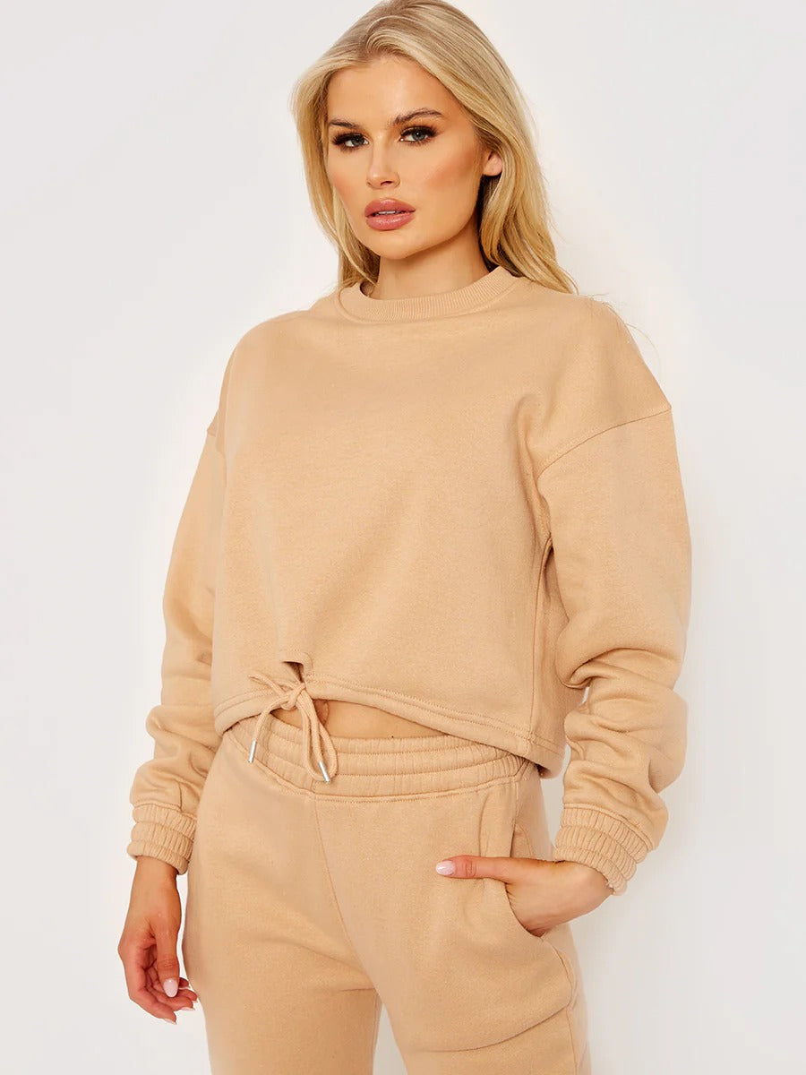 Sand Oversized Drawstring Sweatshirt & Jogger Fleeced Co-ord