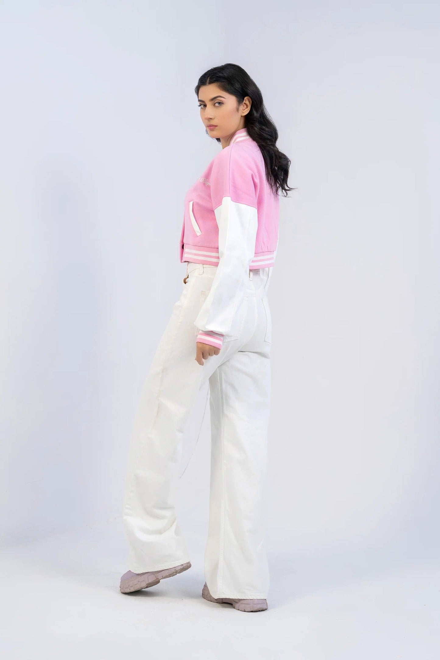 PINK B SLOGAN CROPED VERSITY BASEBALL JACKET