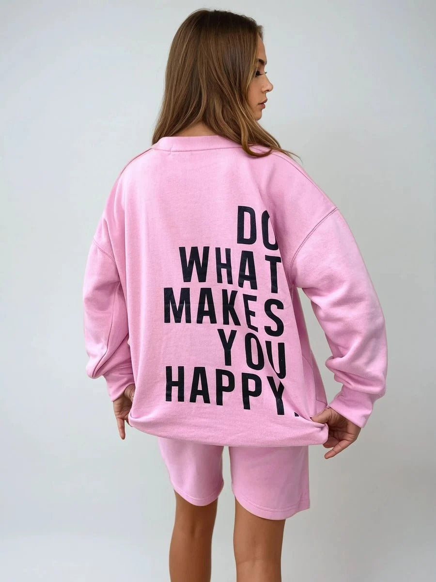 Pink Kiara Do What Makes You Happy Print Oversized Sweatshirt and Shorts Co-ord Set