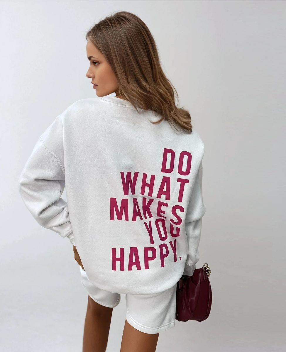 White Kiara Do What Makes You Happy Print Oversized Sweatshirt and Shorts Co-ord Set