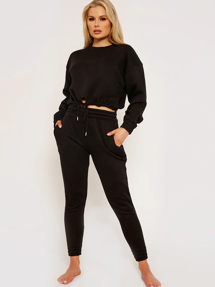 Black Oversized Drawstring Sweatshirt & Jogger Fleeced Co-ord