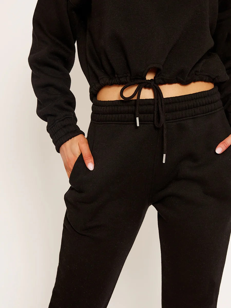 Black Oversized Drawstring Sweatshirt & Jogger Fleeced Co-ord