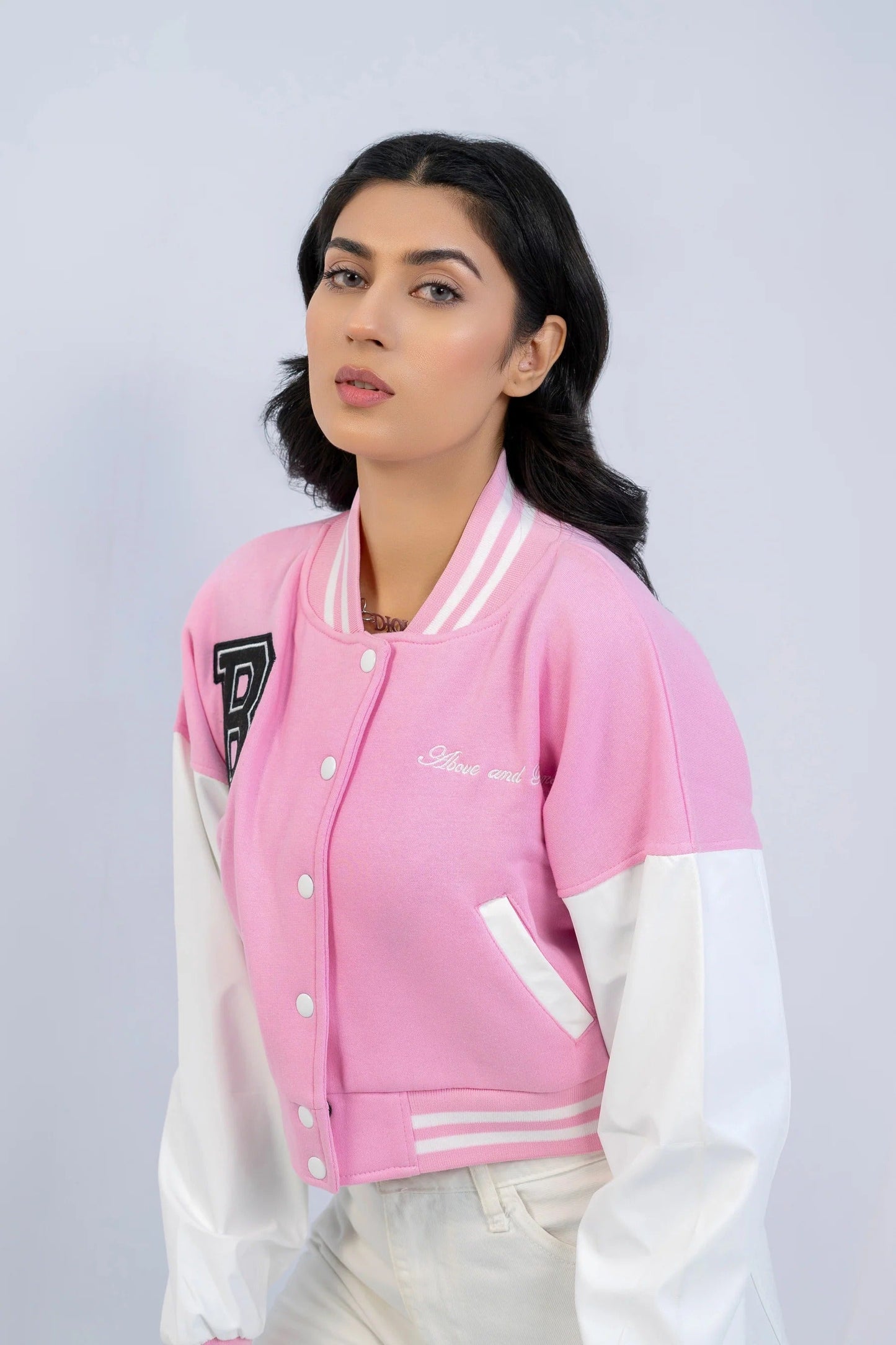 PINK B SLOGAN CROPED VERSITY BASEBALL JACKET