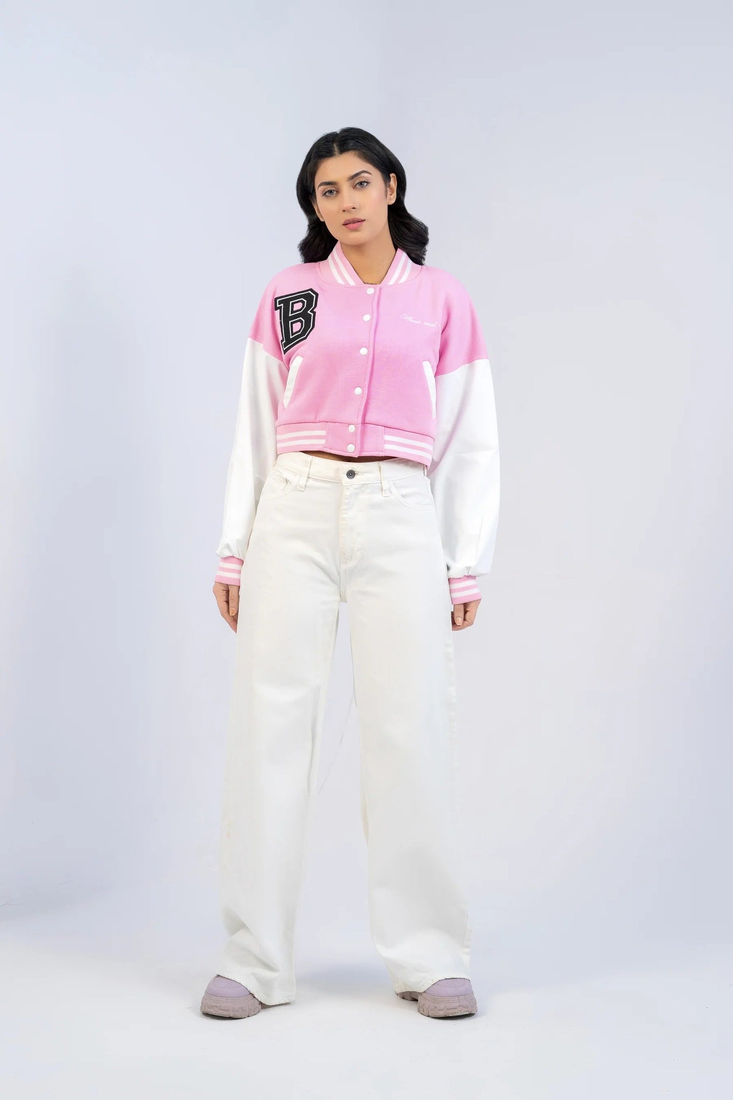 PINK B SLOGAN CROPED VERSITY BASEBALL JACKET