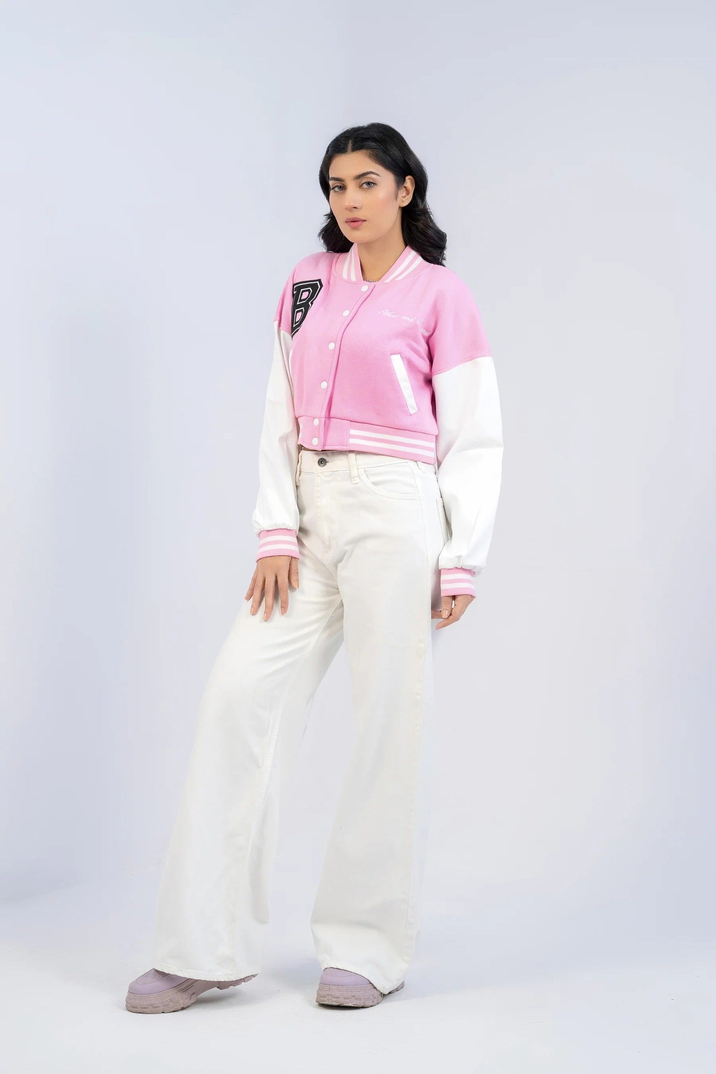 PINK B SLOGAN CROPED VERSITY BASEBALL JACKET