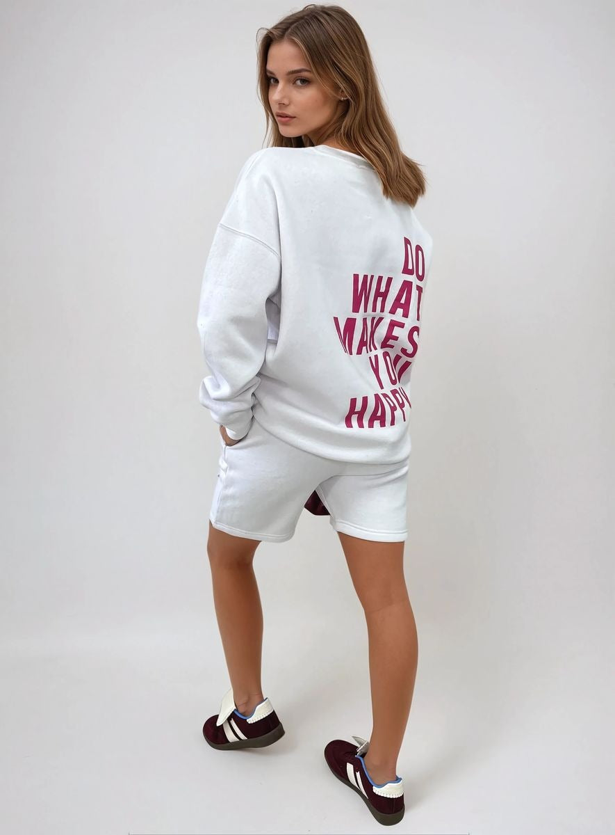 White Kiara Do What Makes You Happy Print Oversized Sweatshirt and Shorts Co-ord Set