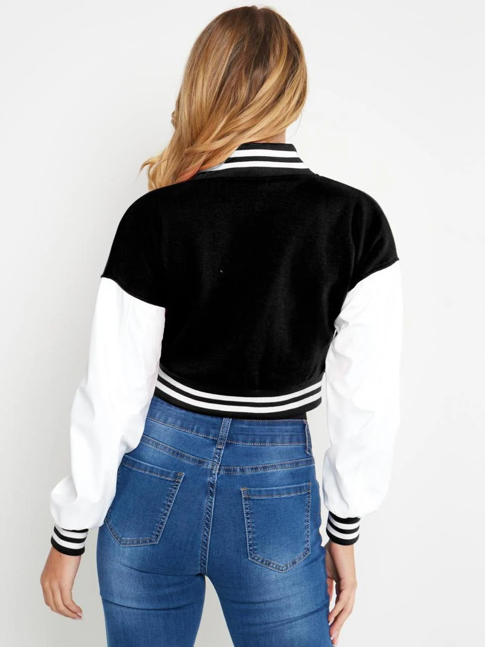 BLACK B SLOGAN CROPED VERSITY BASEBALL JACKET