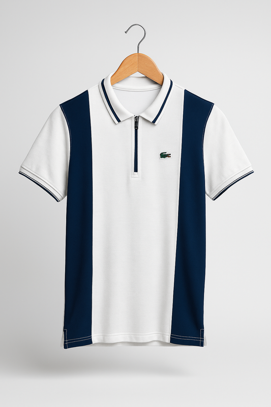 LACOSTE MEN’S PREMIUM POLO SHIRT – WHITE & BLUE STRIPED DESIGN