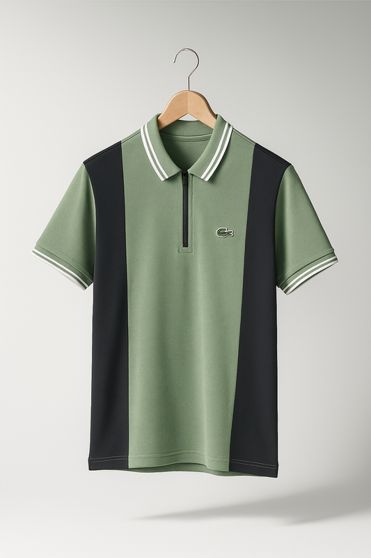 LACOSTE MEN’S PREMIUM POLO SHIRT – GREEN & BLACK STRIPED DESIGN