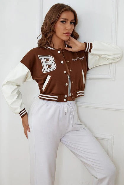 BROWN B SLOGAN CROPED VERSITY BASEBALL JACKET