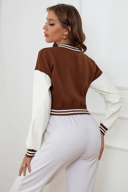 BROWN B SLOGAN CROPED VERSITY BASEBALL JACKET