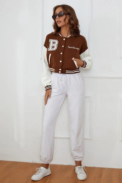 BROWN B SLOGAN CROPED VERSITY BASEBALL JACKET