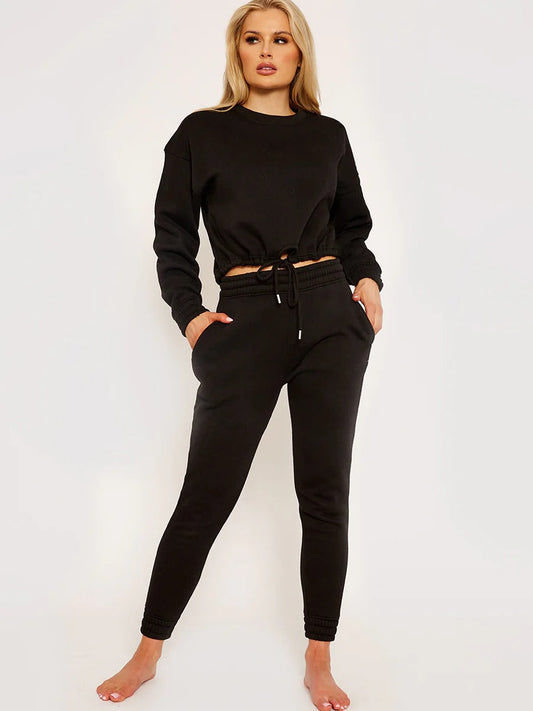 Black Oversized Drawstring Sweatshirt & Jogger Fleeced Co-ord